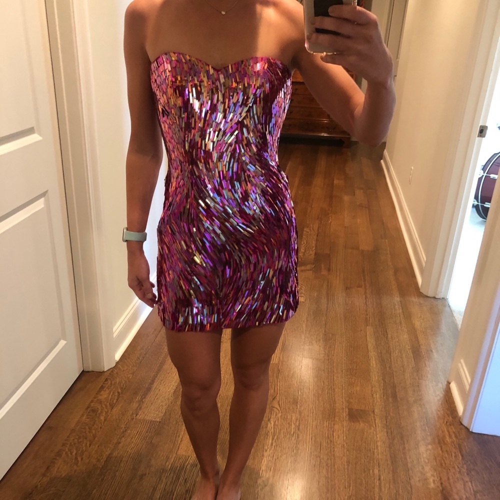 Sherri Hill Pink Sequin Strapless Mini Dress